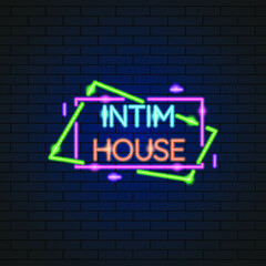 Abstract Sex Shop Intim House Neon Light Electric Lamp Background Vector Design Style Signage Advertising Design Template Logo Logotype Symbol Sign
