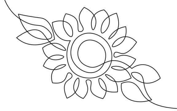 One line sunflower element. Black and white monochrome continuous single line art. Floral nature Woman day gift romantic date illustration sketch outline drawing