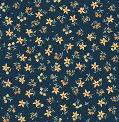 Fototapeta na wymiar Cute floral pattern in the small flower. Seamless vector texture. Elegant template for fashion prints. Printing with small yellow flowers. Dark blue background. Stock vector for prints on surface.