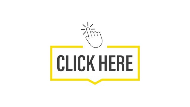 Click here button with hand pointer clicking. Motion graphics.
