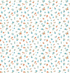 Trendy seamless vector floral pattern. Endless print made of small orange and blue flowers. Summer and spring motifs. White background. Stock vector illustration.