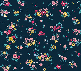Fototapeta na wymiar Trendy seamless vector floral pattern. Endless print made of small colorful flowers. Summer and spring motifs. Black background. Stock vector illustration.