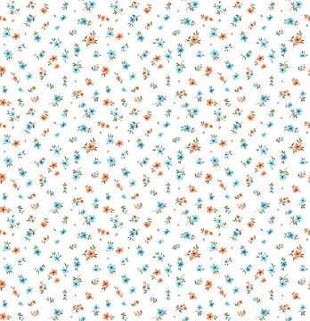 Trendy seamless vector floral pattern. Endless print made of small orange and blue flowers. Summer and spring motifs. White background. Stock vector illustration.