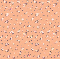 Floral pattern. Pretty flowers on coral background. Printing with small white flowers. Ditsy print. Seamless vector texture. Spring bouquet. Stock vector.