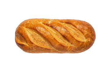 Loaf of white bread made of wheat flour on white. Top view