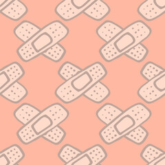 vector seamless pattern of medical patches glued on top of each other in a cross on a cross. a hand-drawn outline of a flesh-colored cross-on-cross stripe, in the style of doodles, on a pink backgroun