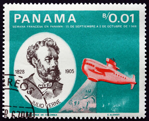 Postage stamp Panama 1966 Jules Verne and submarine