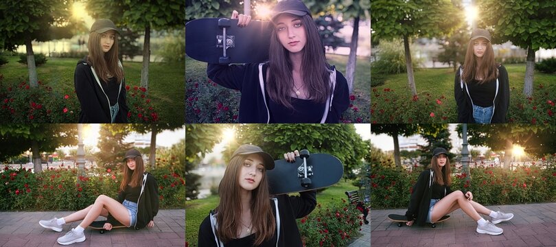 Brunette teenage girl in sporty outfit (jeans shorts, sneakers, hoody, hat) with a skateboard at the park outdoors set of images, backlit