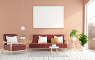 Minimalist living room with sofa and armchair, light orange wall and white wooden floor. 3d rendering