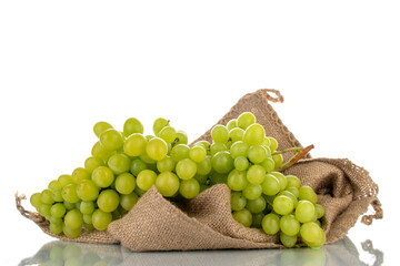 One ripe bunch of seedless grapes on burlap, close-up, isolated on white.