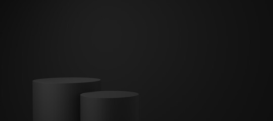 Empty black cylinder podium floating on black copy space background. Abstract minimal studio 3d geometric shape object. Monotone pedestal mockup space for display of product design. 3d rendering.