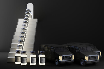 Concept for the worldwide delivery of COVID-19 coronavirus vaccine by van, The liquid in the glass bottle glowed in the dark. 3d rendering