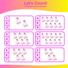 Count and Match Unicorn Game for kids. Unicorn counting game.  Math Worksheet for Preschool. Educational printable math worksheet. Vector illustration. 