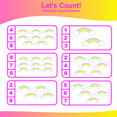 Count and Match Rainbow Game for kids. Preschool counting game.  Math Worksheet for Preschool. Educational printable math worksheet. Vector illustration. 
