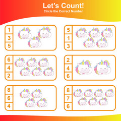 Fototapeta na wymiar Count and Match Unicorn Game for kids. Unicorn counting game. Math Worksheet for Preschool. Educational printable math worksheet. Vector illustration. 