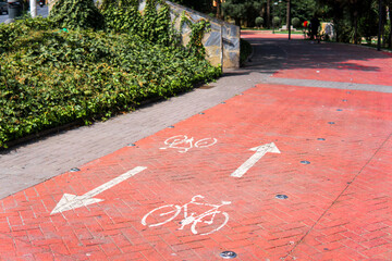 Red bicycle lane with two-way arrows in a park