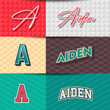 Male name Aiden in various Retro graphic design elements, set of vector Retro Typography graphic design illustration