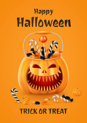 Halloween background, funny pumpkins. Greeting card for party and sale. Autumn holidays. Vector illustration EPS10.