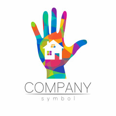 Fototapeta premium Company Logo Vector House Icon for Branding Real Estate Symbol Building and Apartment Rent Concept Sign with hands