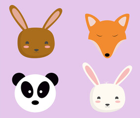 Illustration von vier Tieren: Fuchs, Panda; Hase