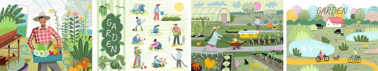 Garden, farm and agriculture. Vector illustration. Set of gardeners working in garden. Florists are watering. Field, pond, village, nature, greenhouse, harvest. Drawings for a poster or postcard.
