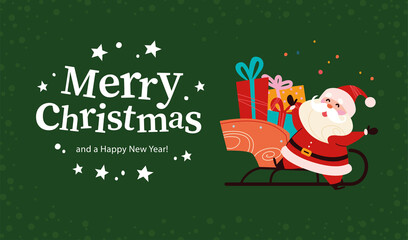 Christmas banner with cute happy Santa Claus character, sleigh full of presents, text Merry Christmas greeting on green snowy background. Vector flat illustration. For card, package, web, invitation.