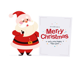 Merry Christmas congratulation banner with funny Santa Claus character and holiday text congratulation isolated. Vector flat cartoon illustration. For card, invitation, web, packaging.