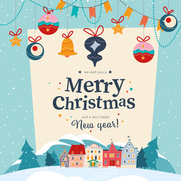 Winter holiday banner with cozy village at snowy mountain forest landscape and garlands, fir tree toys hang. Vector cartoon flat illustration. For card, package, banner, invitation, poster design.