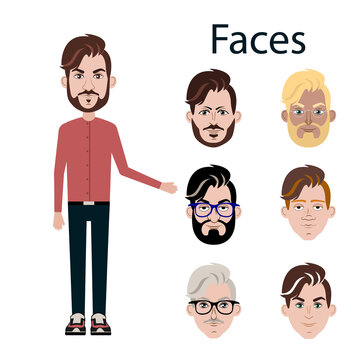 Faces for the characters. Vector image of faces for a male character. Different faces in the fas. A character for animation.