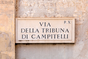 Street name voa della tribuna di campitelli - engl. street of Campinelli stage-  painted at the wall in Rome