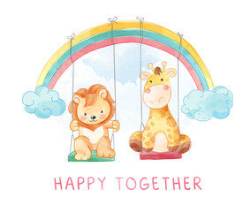 happy together slogan with cartoon lion and giraffe playing swing illustration