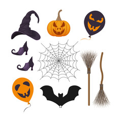 A festive set featuring Halloween symbols, such as a pumpkin lantern, a witch s broom, witch boots, a bat, a spider web and a witch s hat, as well as balloons with creepy smiles. Vector illustration