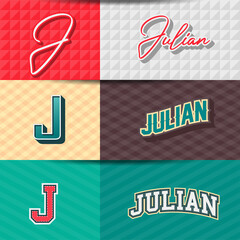 ,Male name,Julian in various Retro graphic design elements, set of vector Retro Typography graphic design illustration - obrazy, fototapety, plakaty
