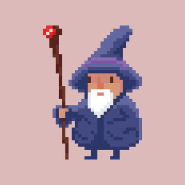 Pixel art retro design fantasy game character - bearded wizard with a hat and a magic staff