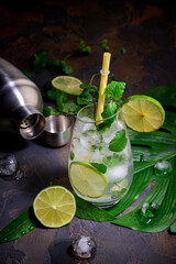 Refreshing summer mojito cocktail with ice cubes, fresh mint and lime