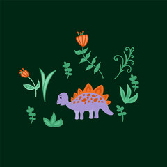 Illustration of a cute dinosaur in a circle of the tropics. Cartoon poster with a wild animal for children. Characters drawn by hand in a flat style. Vector illustration