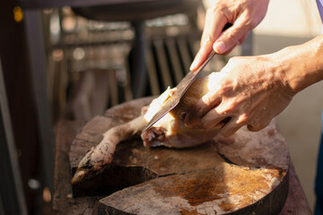 The hands of a man who is cutting chicken using a knife and chopping board in his kitchen to prepare food.