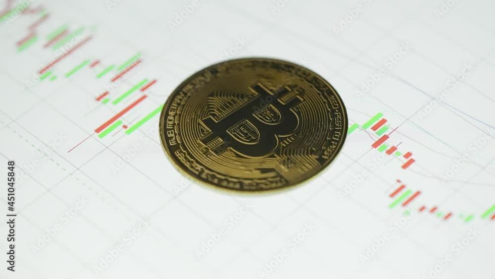 Poster golden bitcoin coin is rotating on a candles chart background. virtual cryptocurrency payment system