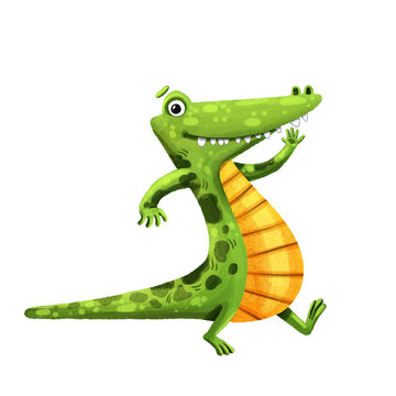 Cute green crocodile. Little African animal. Drawing character. Friendly cartoon mascot. Smiling character. Comic alligator. Isolated illustration. Adorable playful charater. Jungle animal.