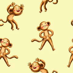 Naadloos Behang Airtex Aap Schattig aap naadloos patroon. Leuke chimpansee. Glimlachend dierlijk karakter. Babyillustratie. Kinderen zoogdier patroon. Cartoon ontwerp. Tropische afdruk. Jungle dieren in het wild behang. Staande aap karakters.