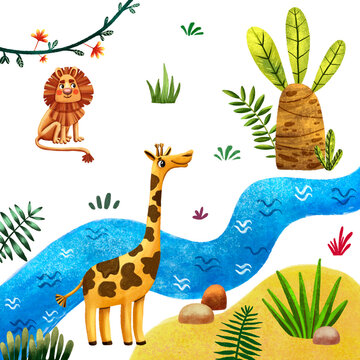 Colorful digital illustration of African animals. Cute giraffe and lion. Palms and river. African grass and desert sands. Smiling animals. Cute illustration. Print for children room.