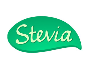 Stevia leaf label. Green icon or logo. Natural low calorie sweetener. Plant based vegan food product label. Diet. Sticker. Vegeterian. Organic