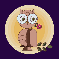 A stylized owl sits on a branch with a flower in its beak. Owl with glasses. Vector drawing.
