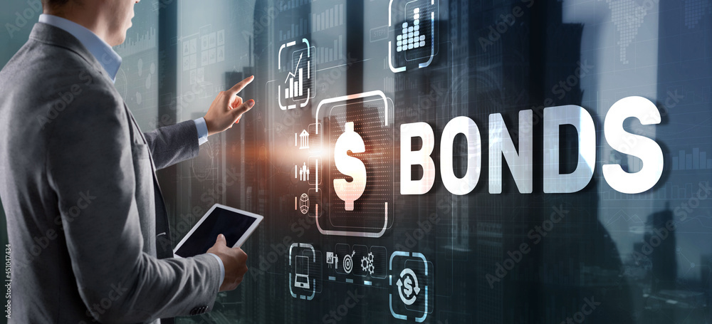 Wall mural businessman clicks a bonds virtual screen. bond finance banking technology concept. trade market net