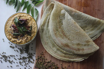 Protein rich moong bean crepe, locally known as pesarattu. It looks like dosa but not made with...