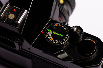 Plano macro cámara réflex analógica. 