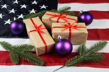 Christmas gifts with christmas balls on us flag