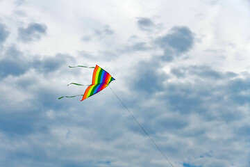 Fototapeta na wymiar A small kite soars in the air against the backdrop of large clouds.
