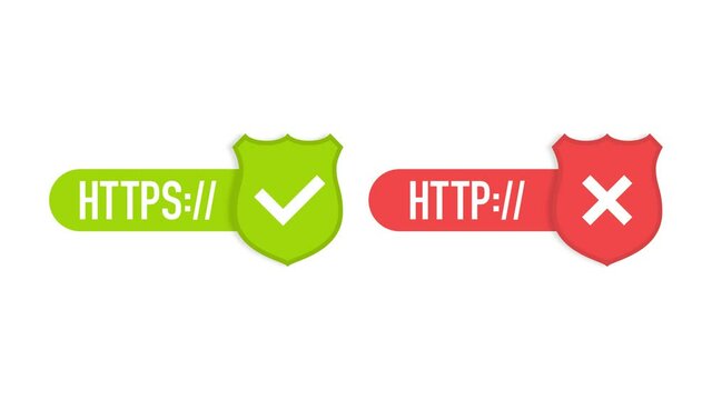 http and https protocols on shield, on white background. Motion graphics.