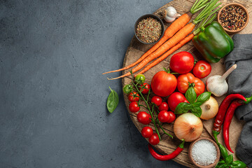 A set of fresh vegetables and spices for cooking a vegetable dish on a gray-blue background.